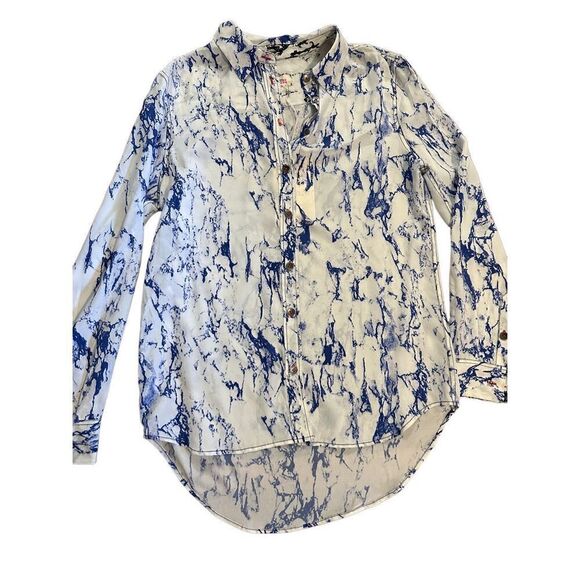 Lemlem Hana Blue white marbled pattern 100% Silk blouse sz small - Picture 9 of 9